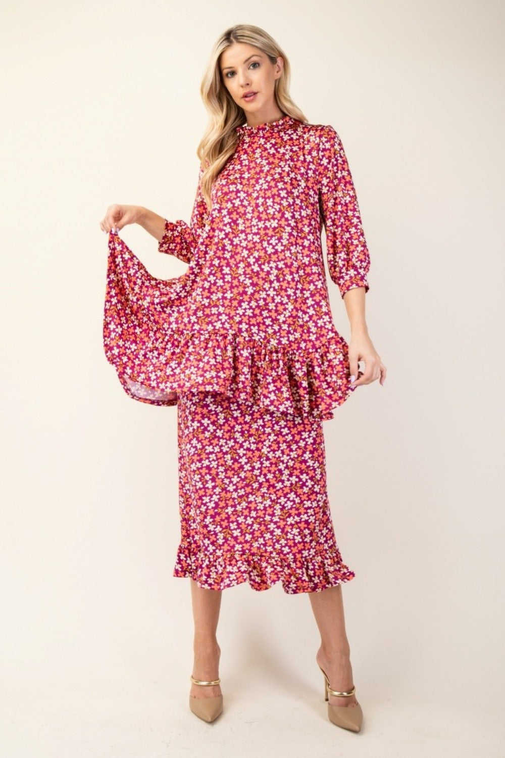 Floral Ruffled Top and Midi Skirt Set Celeste Magenta Floral S