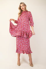 Floral Ruffled Top and Midi Skirt Set Celeste Magenta Floral S