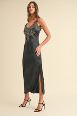 Embroidered Cami Satin Midi Slit Dress Mable