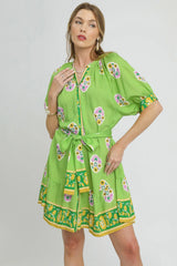 Floral Print Tie Waist Short Sleeve Dress Umgee Neon Green S