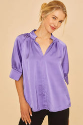 Multi Color Printed V-Neck Open Woven Blouse Top Annie Wear VIOLET S