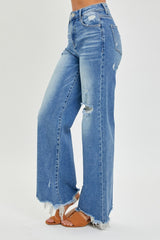 Full Size High Rise Frayed Hem Wide Leg Jeans Risen