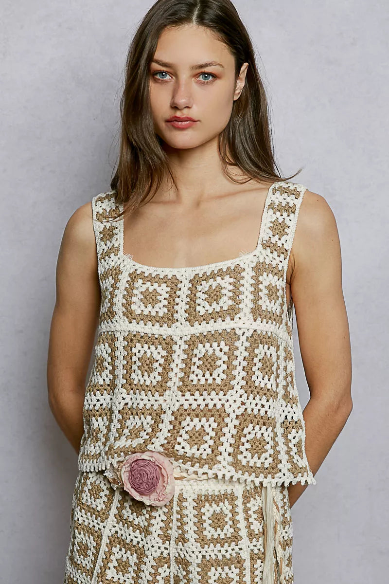 POL Openwork Square Neck Cropped Crochet Tank with Granny Square Weave Trendsi IVORY/MOCHA One Size