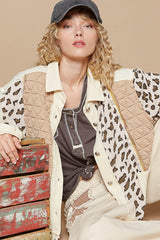 Leopard Exposed Seam Button Up Quilted Jacket POL