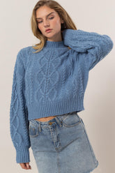 Cable-Knit Mock Neck Dropped Shoulder Sweater HYFVE Gray Blue S