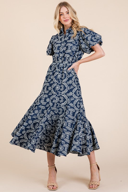Natural Leaf Pattern Eyelet Lace Puff Sleeve Dress GeeGee Navy S