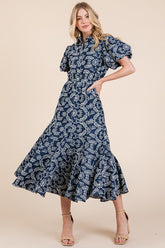 Natural Leaf Pattern Eyelet Lace Puff Sleeve Dress GeeGee Navy S
