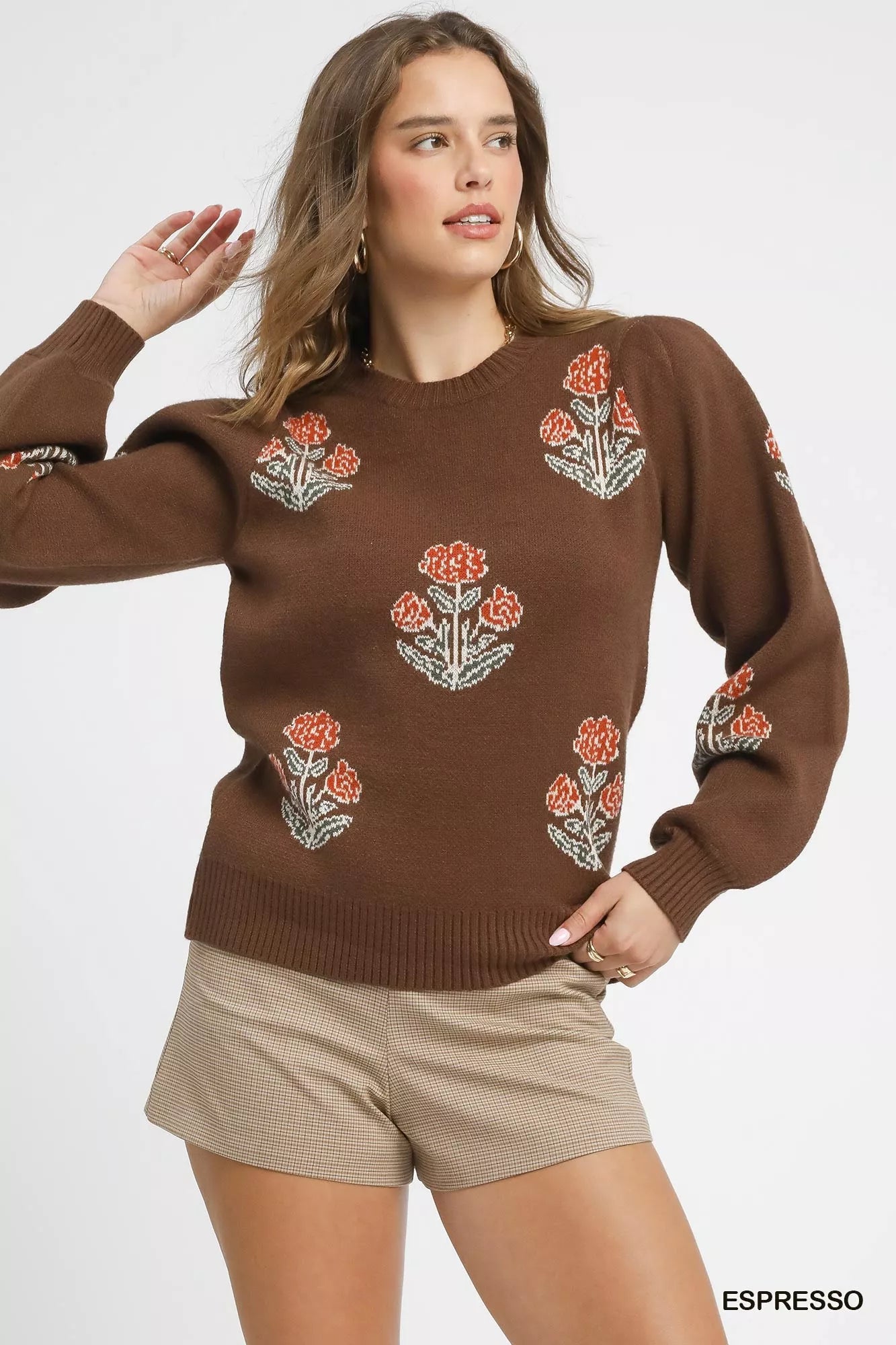 Floral Knit Sweater with Puff Sleeves Umgee ESPRESSO S