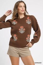 Floral Knit Sweater with Puff Sleeves Umgee ESPRESSO S