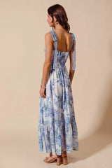 Floral Print Flowy Maxi Dress with Lace Ribbon Tie So Me