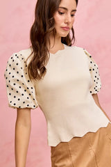 SO ME Polka Dot Contrast Woven Ballon Sleeve Blouse Trendsi