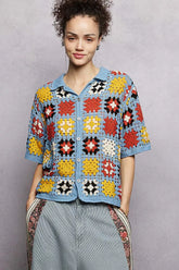 Crochet Short Sleeve Relaxed Fit Shirt POL SKY MULTI One Size
