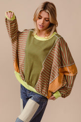 Color Block Striped Round Neck Sweatshirt BiBi Olive/Latte S