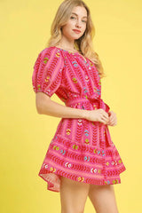 Printed Tie Waist Puff Short Sleeve Mini Dress Umgee