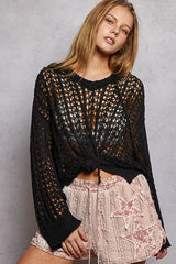Openwork Round Neck High Low Knit Top POL