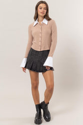Collared Contrast Button Down Crop Knit Cardigan HYFVE L.Mocha S