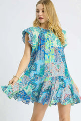 Paisley Printed Ruffle Cap Sleeve Mini Dress Umgee