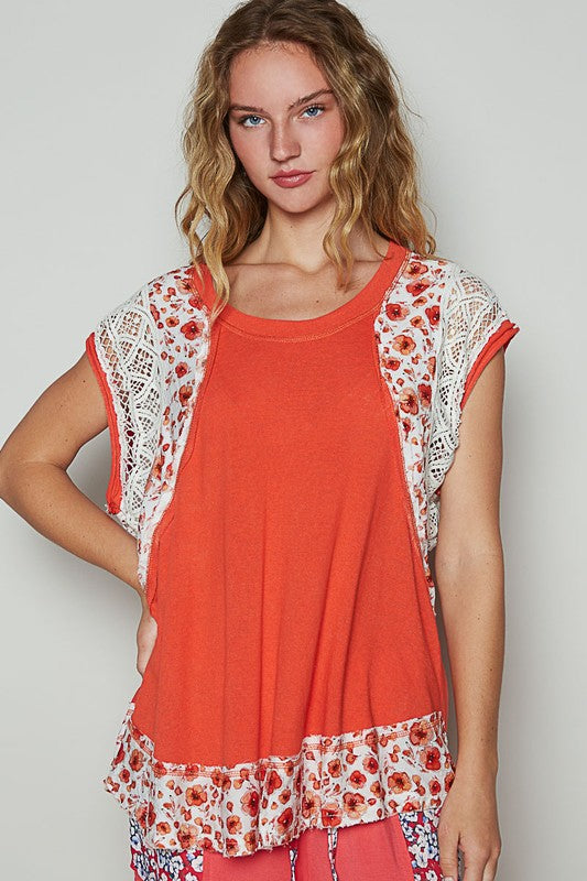 Floral Frayed Hem Crochet Cap Sleeve Top POL Red S