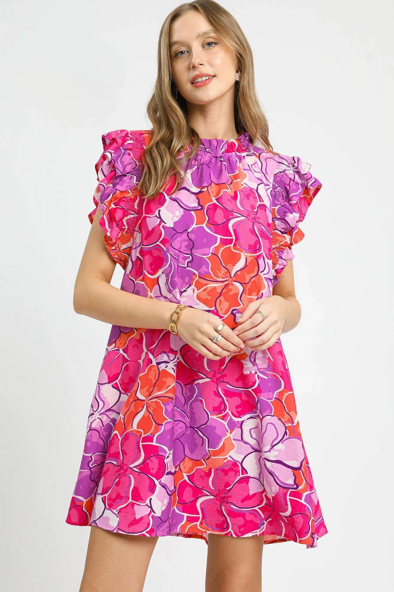 Floral Print Ruffle Sleeve Mini Dress Umgee Hot Pink S