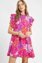 Floral Print Ruffle Sleeve Mini Dress Umgee Hot Pink S