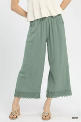 Linen Wide Leg Cropped Pants with Lace Trim Umgee MINT S