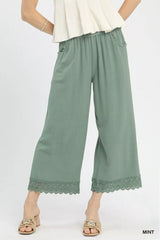 Linen Wide Leg Cropped Pants with Lace Trim Umgee MINT S