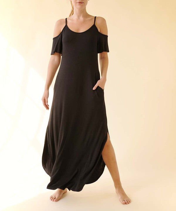 Bamboo Cold Shoulder Maxi Dress Fabina BLACK S