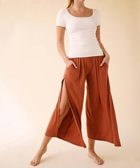 Bamboo Ankle Length Slit Flare Pants Fabina RUST S
