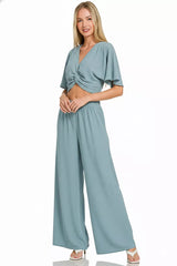 Zenana Woven Airflow Twisted Top & Wide Leg Pants Set Trendsi