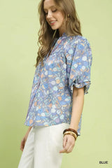 Umgee Smocked Floral Ruffle Trim Top Trendsi