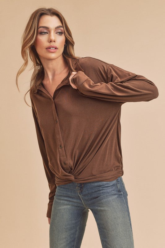Nola Cross Front Button Long Sleeve Top Aemi + Co CHOCOLATE S