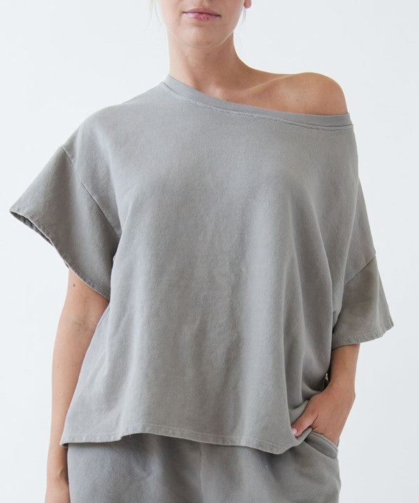 Oversized Garment Dye Open Shoulder Top Fabina OLIVE S