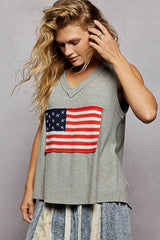 POL V-Neck Ribbed Tank with American Flag Patch and Star Back Patch Trendsi