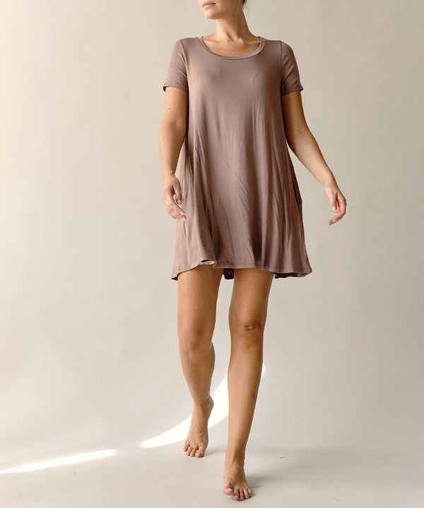 Bamboo Short Sleeve Pocket Flare Dress Fabina MOCHA S