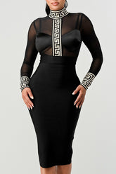 Athina Mesh Contrast Greek Key Print Bandage Dress Athina BLACK S