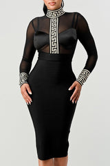 Athina Mesh Contrast Greek Key Print Bandage Dress Athina BLACK S
