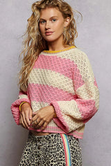 Contrast Striped Round Neck Sweater with Textured Cable Knit Pattern POL