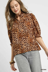 Leopard Print Ruffle Neck Blouse With Plus Size Umgee Brown S