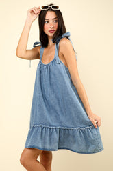 Shoulder Tie Washed Denim Ruched Mini Dress Very J Lt Indigo S