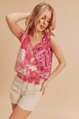 Toya Floral V-neck Tie Ruched Tank Aemi + Co PINK S