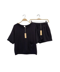 Bamboo French Terry Black Crop Top & Shorts Set Fabina