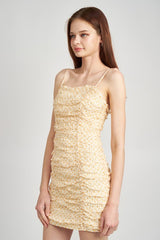 Ruched Mini Spaghetti Strap Polka Dot Dress SALE