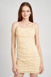 Ruched Mini Spaghetti Strap Polka Dot Dress SALE YELLOW POLKA DOT S