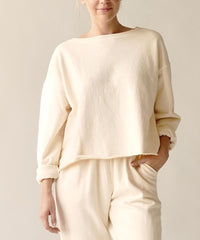 French Terry Cropped Raw Hem Long Sleeve Top Fabina