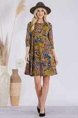 Paisley Print Round Neck Quarter Sleeve Dress with Pockets Celeste Olive Paisley S