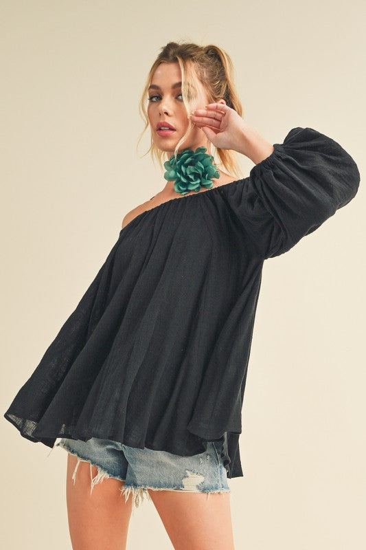 Off-Shoulder Balloon Sleeve Blouse Aemi + Co Black S