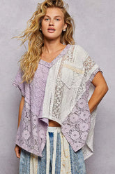 Asymmetrical V-Neck Short Sleeve Lace Top POL LAVENDER S