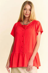 Solid Lace Trim Neck Short Sleeve Peplum Top Davi & Dani