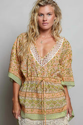 Block Print Floral Tie Front Boho Blouse POL CORAL MULTI S