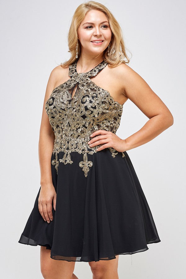Plus Size Gold Embroidered Elegant Halter A-Line Cocktail Dress LA SCALA Black 1X
